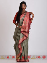 Load image into Gallery viewer, Cement Grey Red Tussar Saree