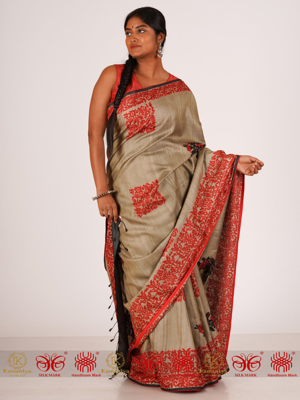 Phool Aur Angare - Cement Grey Saree With Red Border