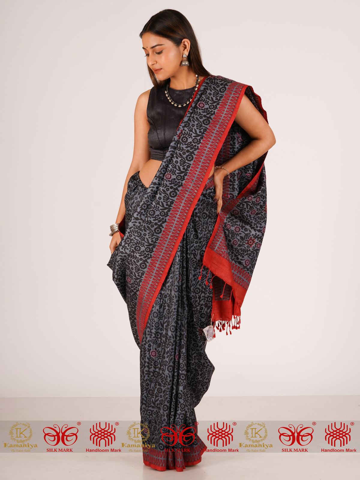 Grey Gul - Grey and Black Tussar Silk Saree