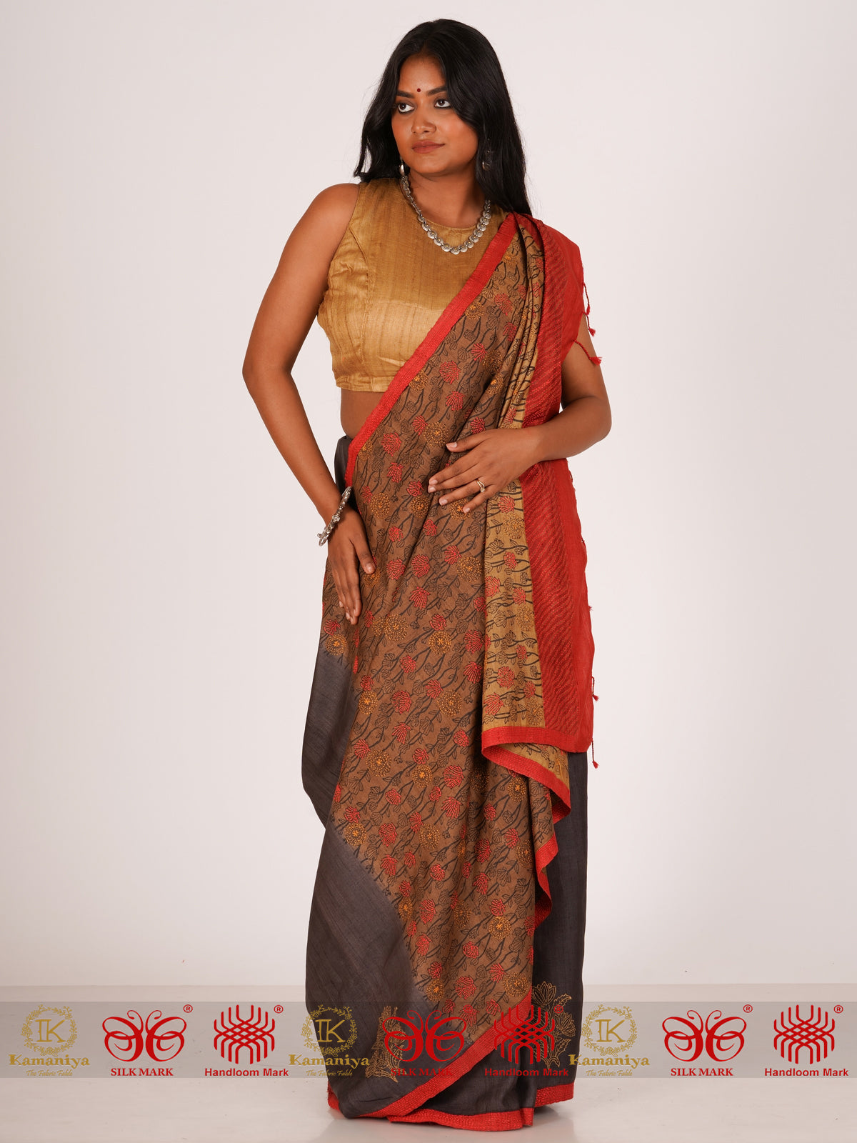 Lily of The Valley - Red Flowers Tussar Saree