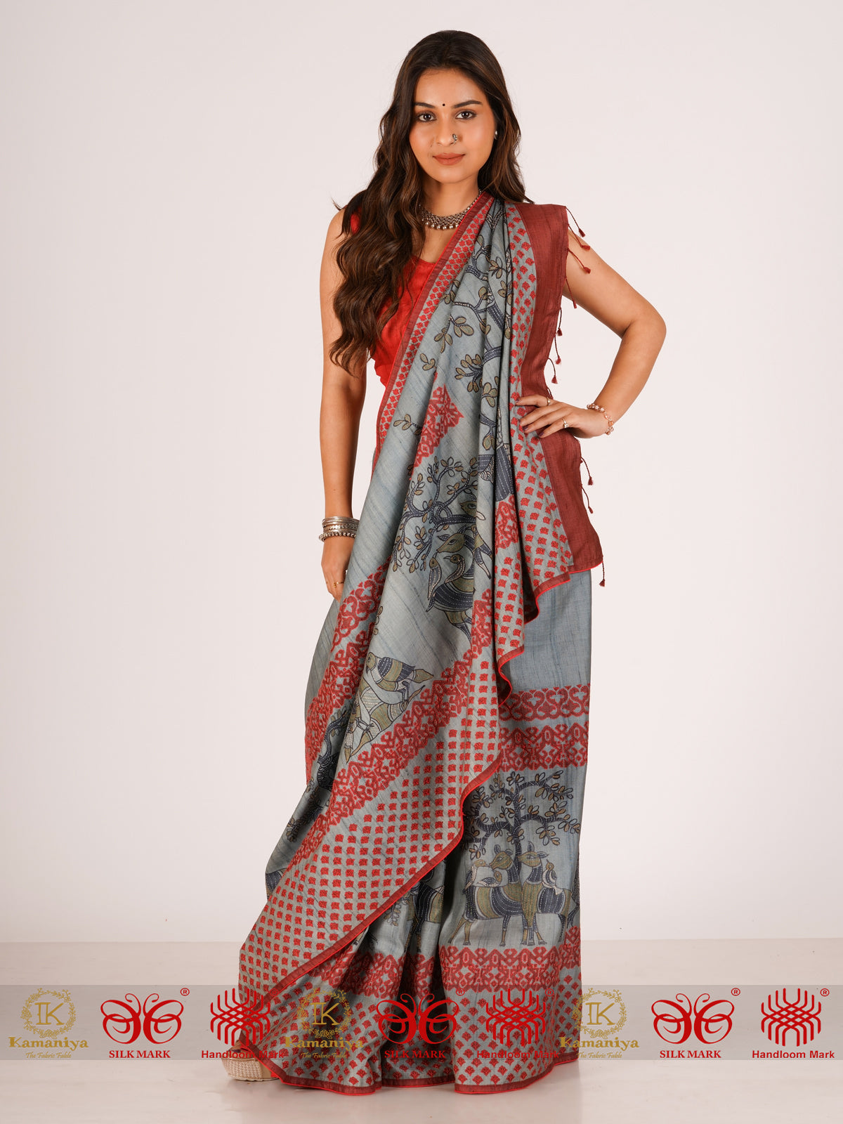 Shaam - Grey & Red Saree