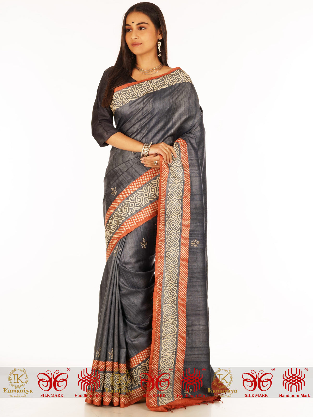 Glossy Grey Tussar Silk Saree