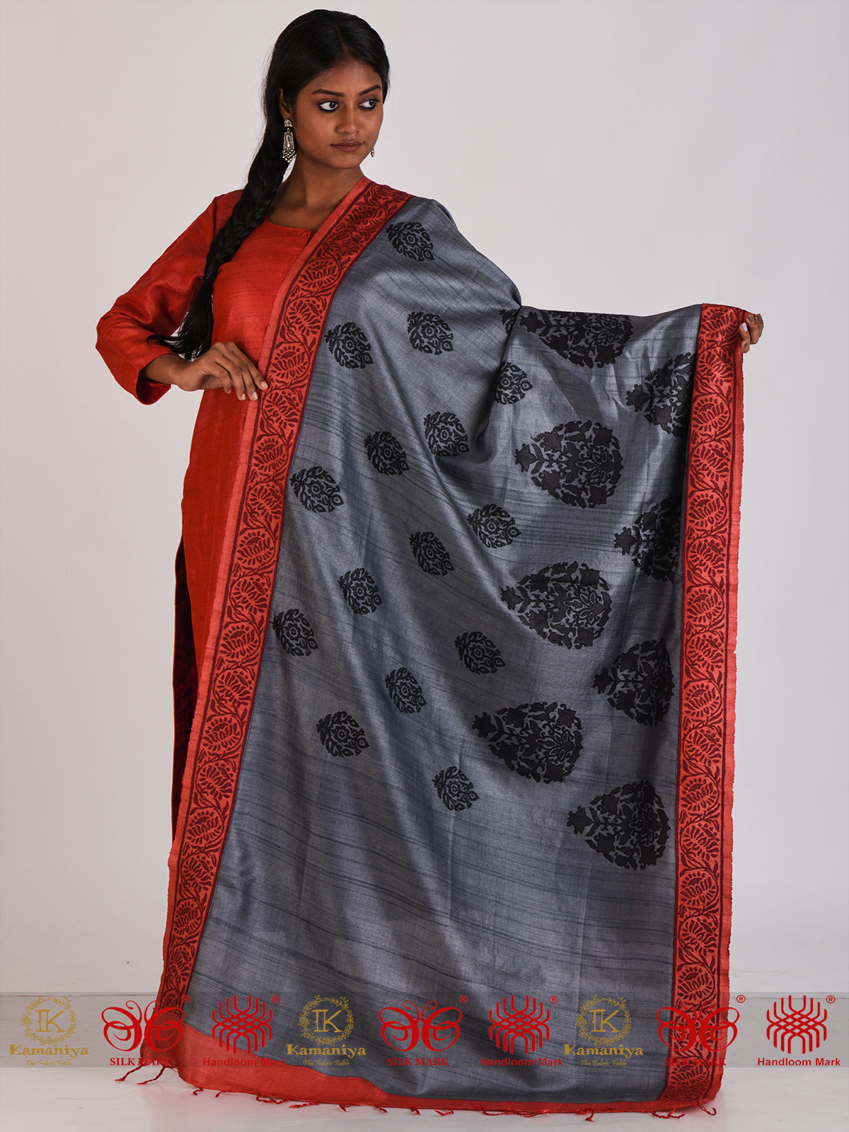 Grey Maroon Tussar Dupatta