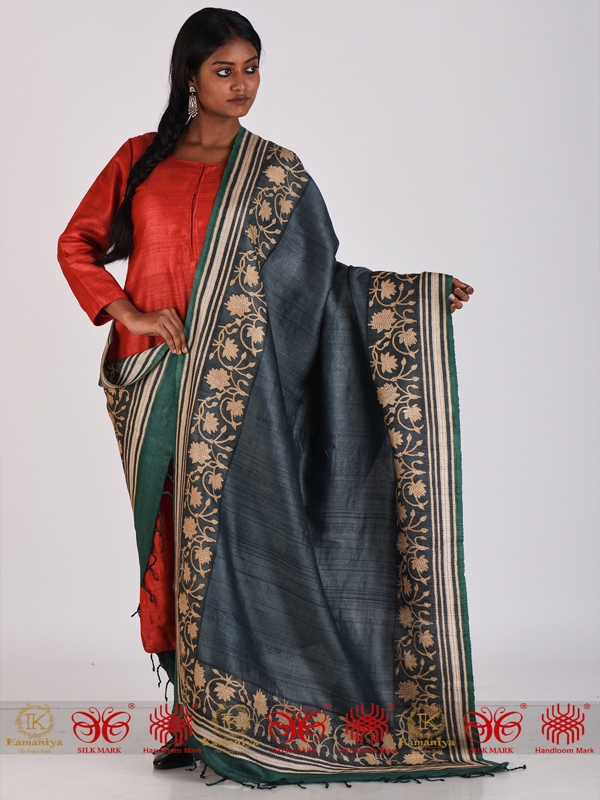 Green Grey Tussar Dupatta